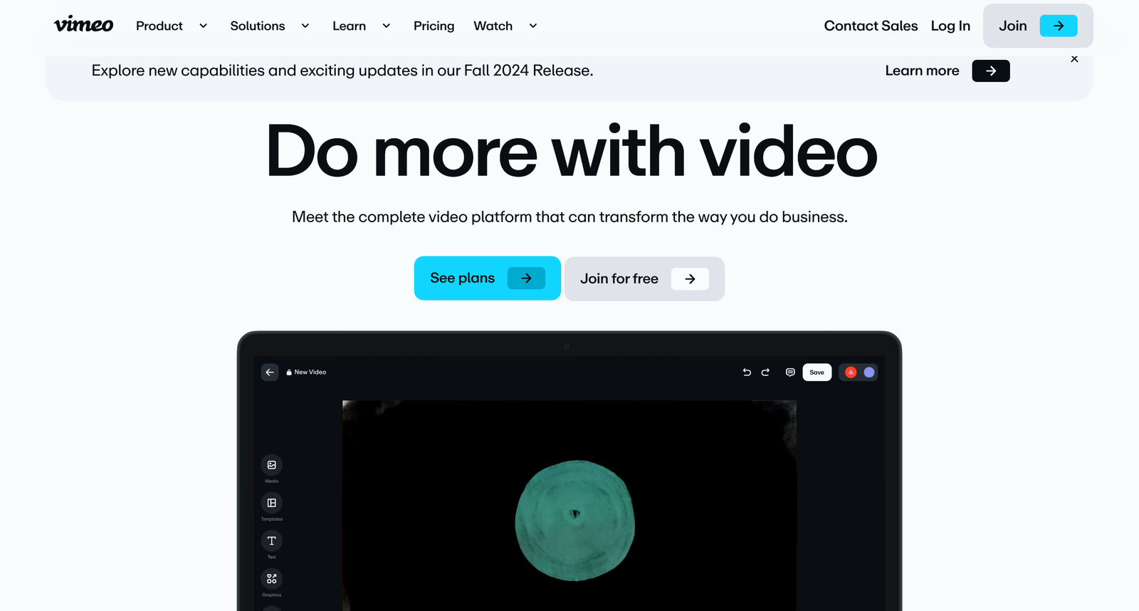 Screenshot of Vimeo AI's homepage showcasing its tagline 'Do more with video,' promoting the platform's video creation and business solutions with options to 'See plans' and 'Join for free.'